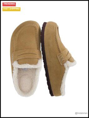 Genuine Suede Penny Loafer Moc Slippers Faux Shearling Plush Lined Slip On